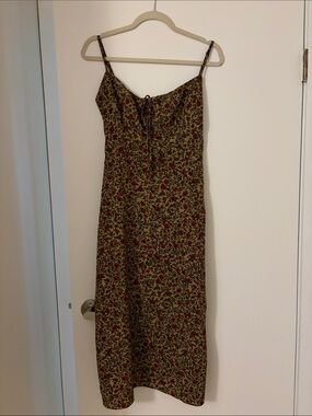 Floral Midi Slip Dress in Olive with Burgundy Accents